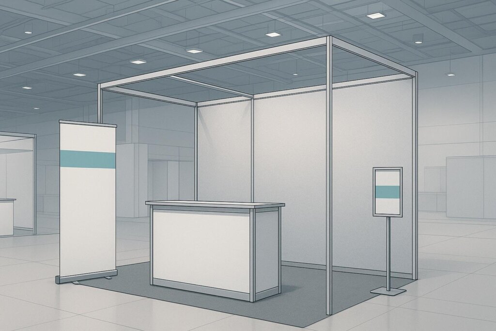 Vue d’ensemble d’un stand de salon professionnel en France (modulaire, tissu tendu, roll-up)
