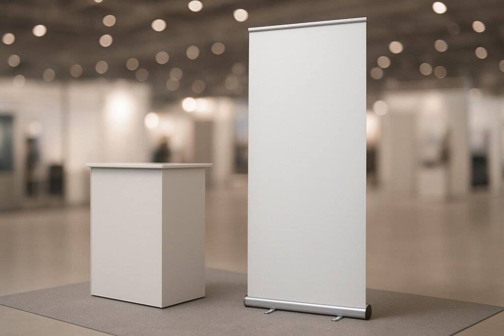 Bannière pop-up verticale sur un stand événementiel