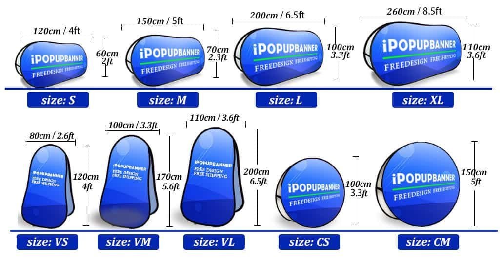 Tableau des formats bannière pop-up A-frame ovale horizontal, vertical tombstone et circulaire